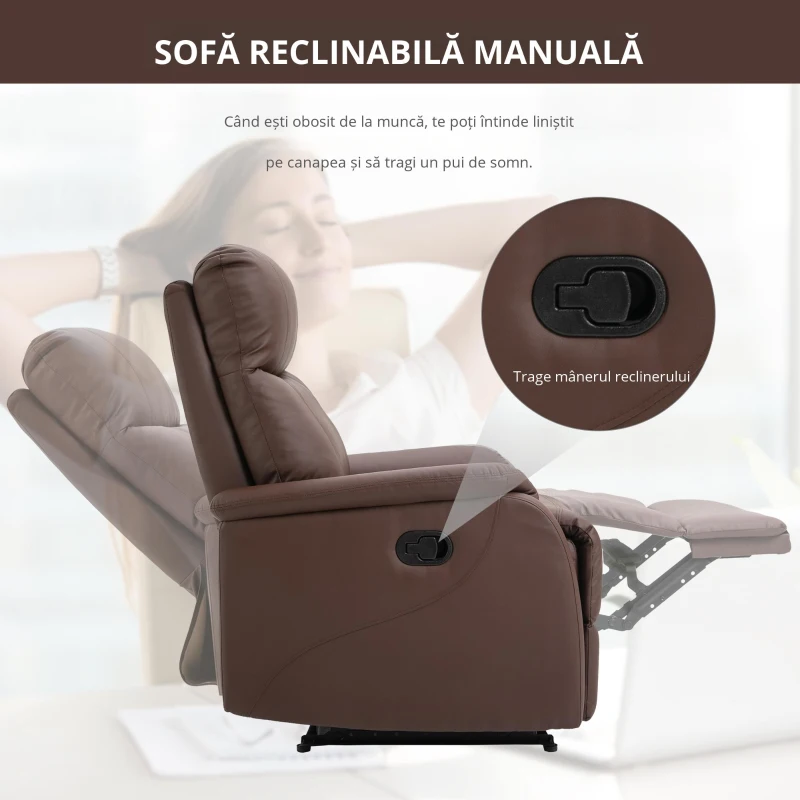 HOMCOM Fotoliu Relax Manual cu Spătar Reclinabil – Piele Sintetică Maro