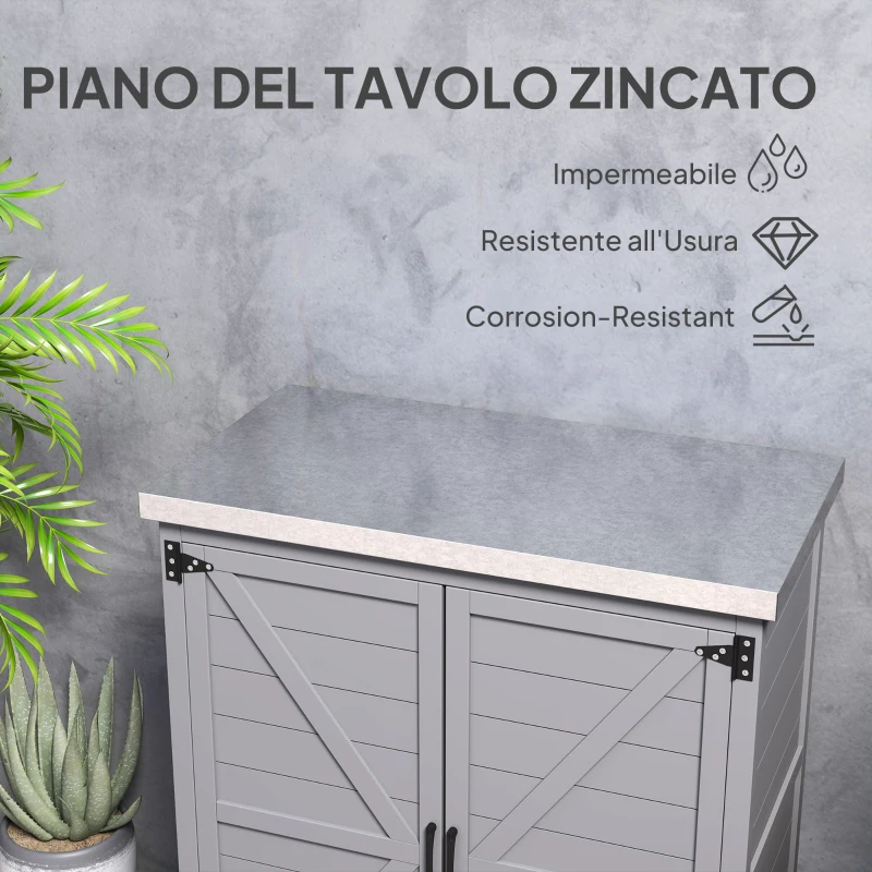 Outsunny Armadio da Esterno con Ripiano e Banco da Lavoro in Legno e Acciaio, 79x43x92 cm, Grigio