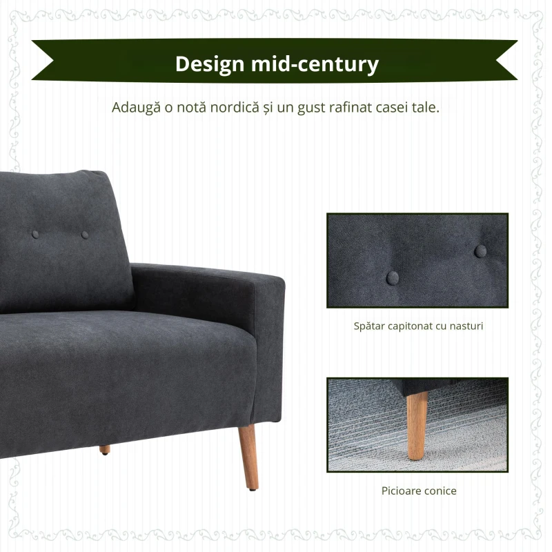 Homcom Canapea 2 Locuri – Gri, Spatar Matlasat & Cadru Lemn