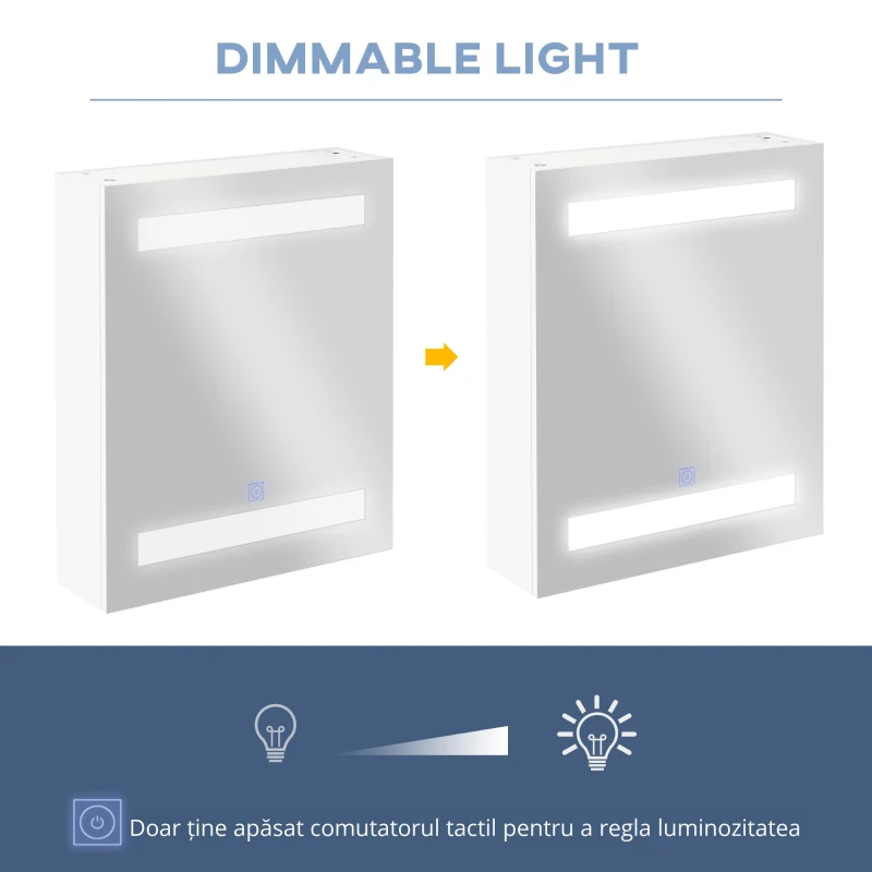 HOMCOM Dulapior de Baie cu 1 Usa, Oglindă și Lumini LED cu Touch și Reglare Intensitate 60 x 50 x15cm