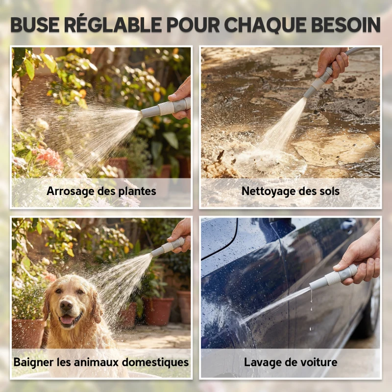 Outsunny Enrouleur Tuyau Arrosage Mural 20+2 m x Ø 15 mm, Dévidoir de Tuyaux d'Eau Portable, Buse à 2 Modes, Gris