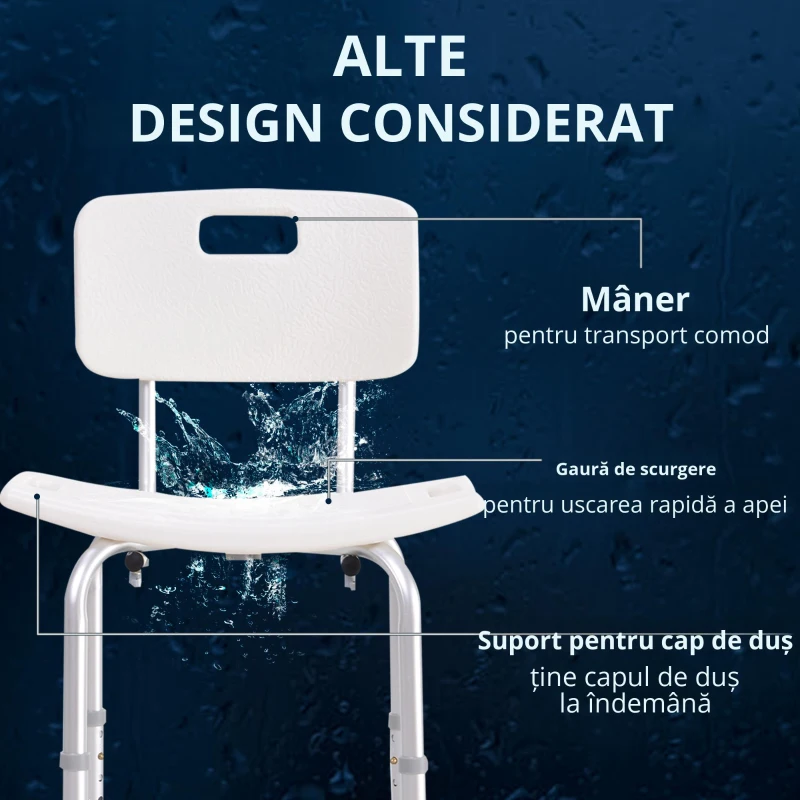 HOMCOM Scaun de Duș Antiderapant cu Spătar și Înălțime Reglabilă pe 8 Poziții, 50,6x43x71-88 cm, Alb