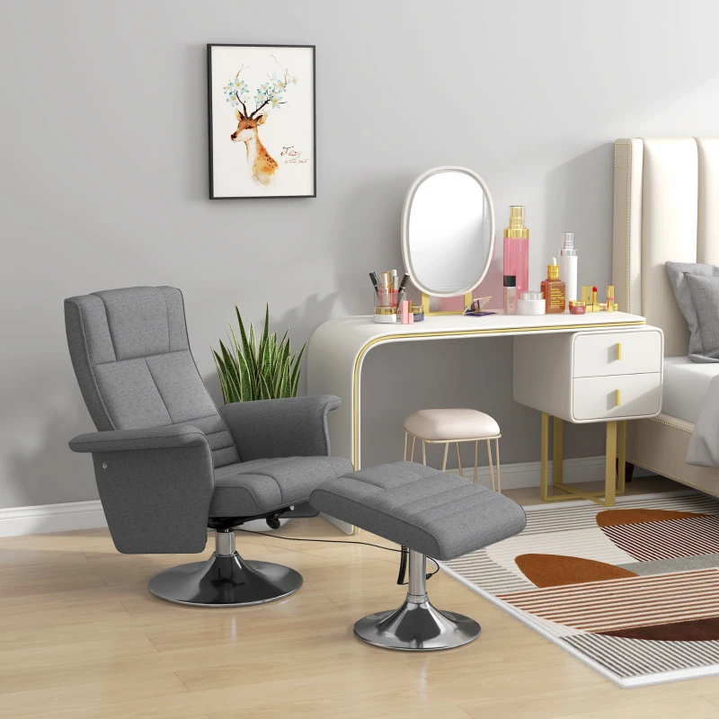 HOMCOM Fauteuil relax massant avec pouf, fauteuil TV avec dossier inclinable siège pivotant à 360° 78 x 95 x 88 cm gris foncé