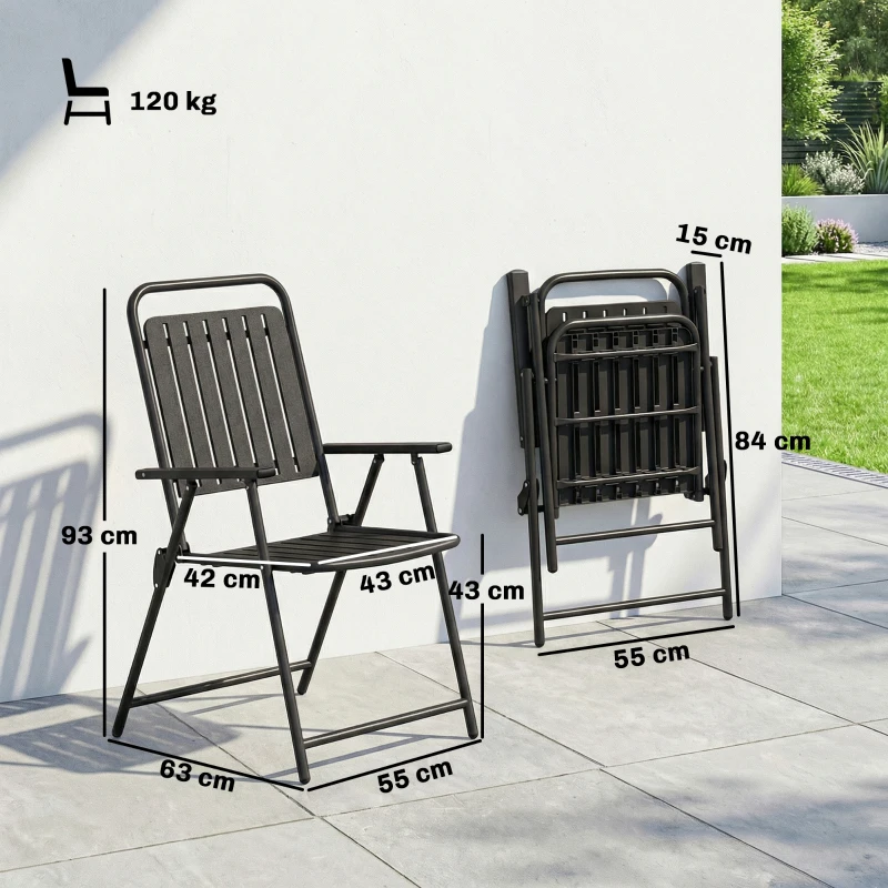 Outsunny Set de 4 scaune de grădină pliabile pentru exterior cu cotiere, spătar și șezut cadru metalic 55x63x93 cm negru