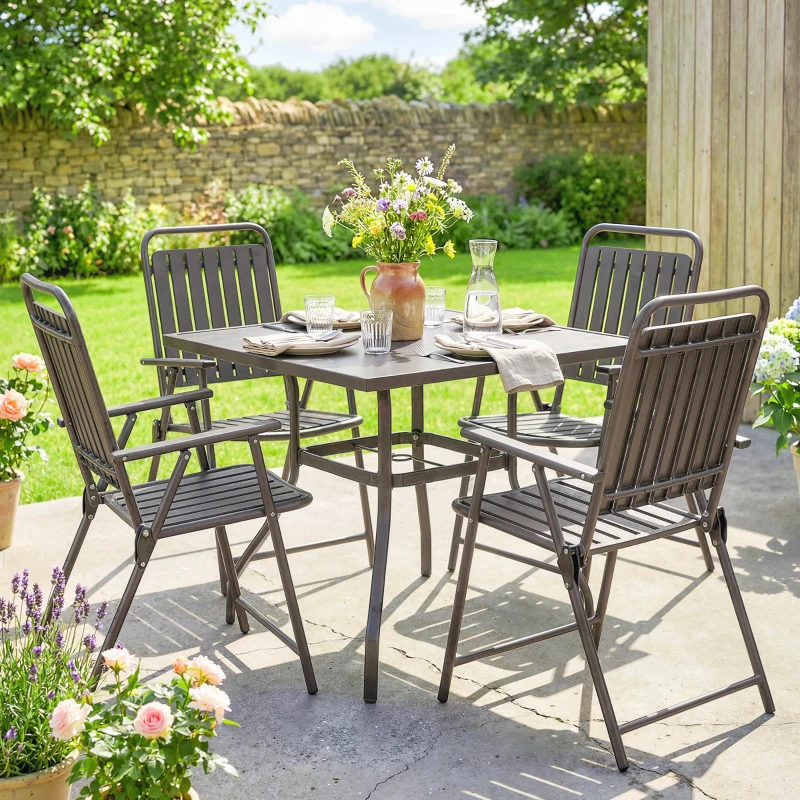 Outsunny Ensemble de 4 chaises de jardin d'extérieur pliantes avec accoudoirs dossier et assise cadre métallique 55x63x93 cm Marron