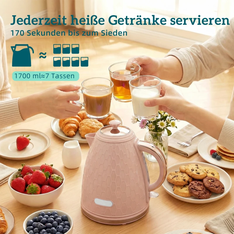 HOMCOM Waterkoker- en Toaster-Set, 1,7L 2200W Snelkook-Waterkoker met Automatische Uitschakeling en 2-Sneetjes Toaster met Kruimellade, Roze