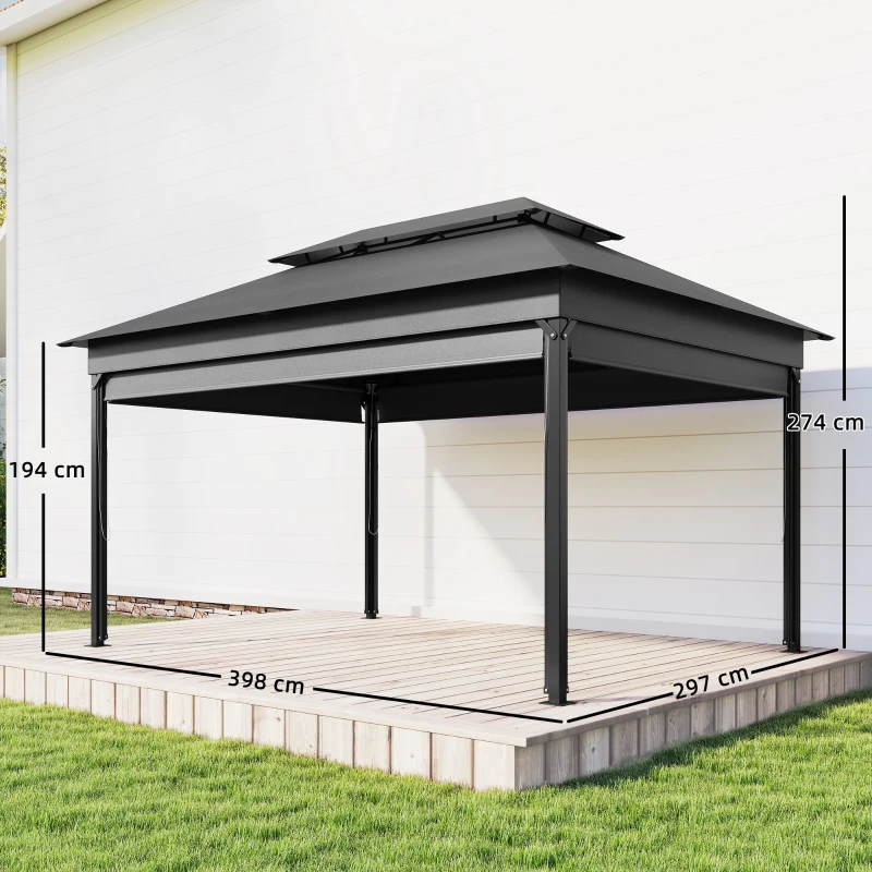 Outsunny Gazebo de Jardin 4x3 m avec Stores Latéraux, Double Toit, Trous de Drainage, Gris Foncé