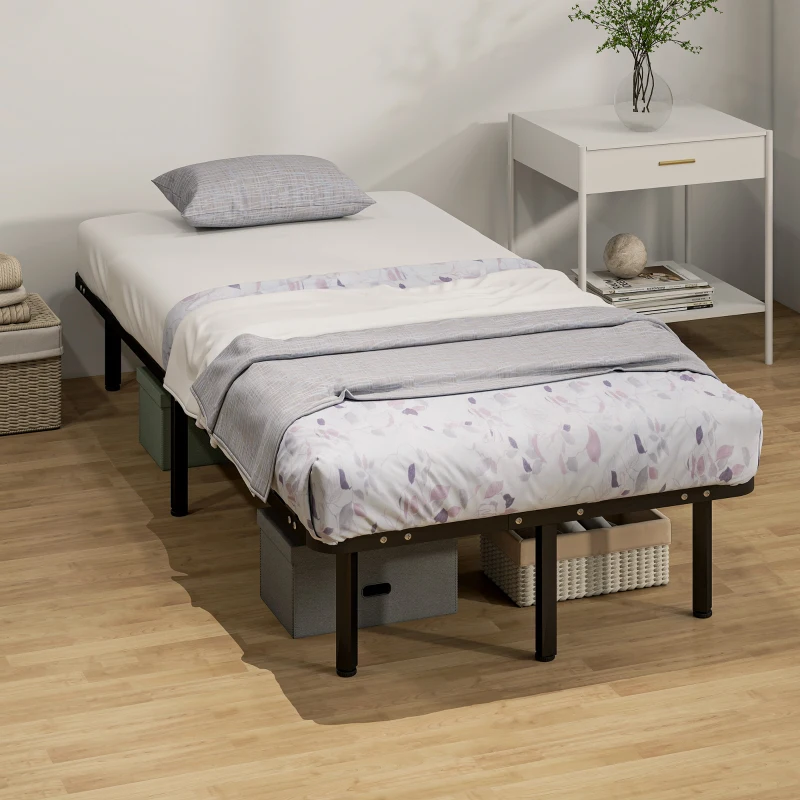 HOMCOM Struttura Letto Industriale a 28 Doghe con Spazio Contenitore, in Legno e Acciaio, 190x90x31 cm, Nero e Legno