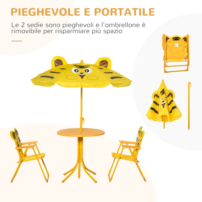 Outsunny Set da Giardino Tavolino con Sedie per Bambini Motivo Tigre, Giallo