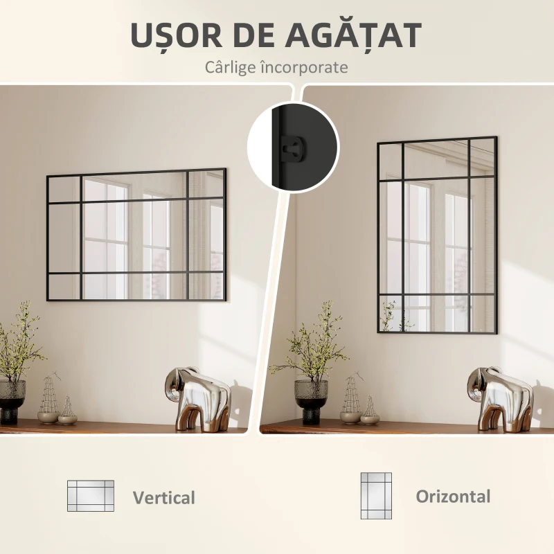 Homcom Oglinda Perete – Dreptunghiulara cu Cadru Metalic Stil Fereastra