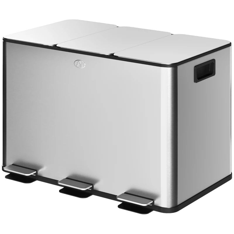 HOMCOM Coș de Gunoi cu 3 Compartimente de 20L, Cu Pedală, Capace cu Închidere Silențioasă, Oțel Inoxidabil și PP, 61,9x36,6x56,7 cm, Argintiu