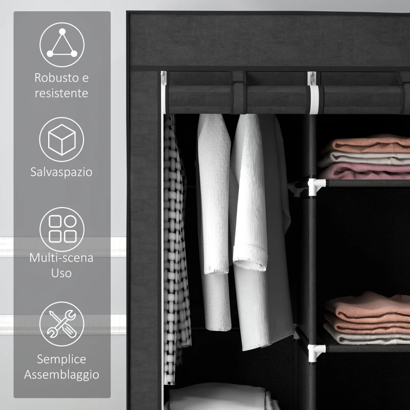 HOMCOM Guardaroba in Tessuto Armadio Salvaspazio 8 Ripiani 125x43x162.5cm Nero