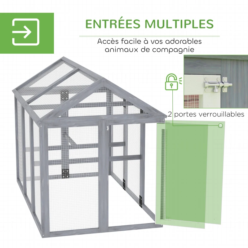 PawHut Enclos poulailler 1,18 m², parc grillagé avec porte verrouillables, cadre en bois massif, 140 x 88,5 x 106 cm, gris