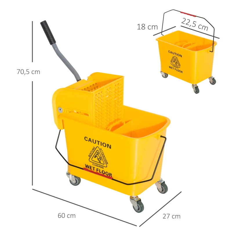 HOMCOM Cubo de Fregar 20L con Ruedas y Escurridor Cubo para Fregona con Separador de Agua 60x27x70,5 cm Amarillo