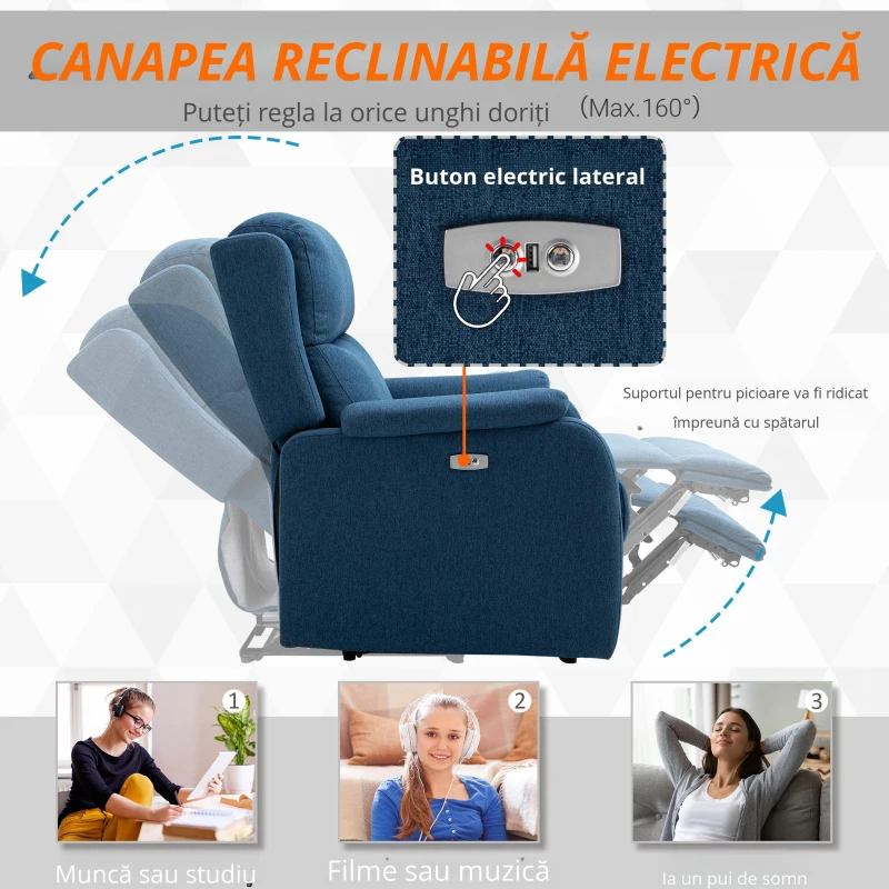 Homcom Fotoliu Relax Electric – Reclinabil cu USB & Suport Picioare