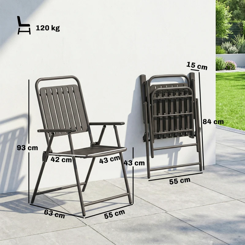 Outsunny Set mit 4 faltbaren Gartenstühlen mit Armlehnen, Rückenlehne und Sitz, Metallgestell, 55x63x93 cm, Marrón
