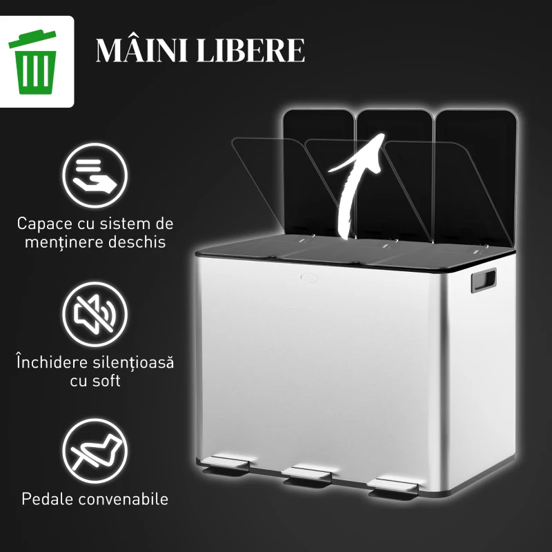 HOMCOM Coș de Gunoi cu 3 Compartimente de 20L, Cu Pedală, Capace cu Închidere Silențioasă, Oțel Inoxidabil și PP, 61,9x36,6x56,7 cm, Argintiu