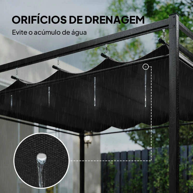Outsunny Pérgola de Jardim 295x295x221 cm com Teto Retrátil e Cortinas UPF30+ Estrutura Metálica Pérgola para Exterior Cinzento Escuro