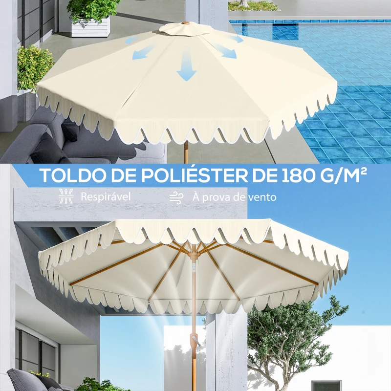 Outsunny Chapéu de Sol de Jardim Ø264x240 cm com Ângulo Ajustável Manivela e Toldo com Volantes Decorativos para Pátio Terraço Creme