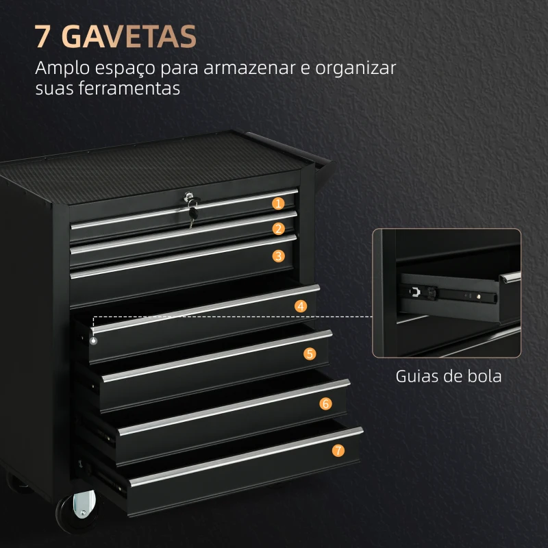 DURHAND Carrinho de Ferramentas com 7 Gavetas Rodas Trava Armário de Armazenamento para Oficina de Garagem e Chapa de Aço 69x33x75 cm Preto