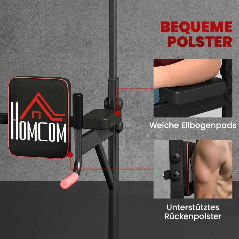 HOMCOM Power Tower höhenverstellbar Dip Station mit Klimmzugstange Saugnäpfe, Gepolstert Trainingsgerät für Zuhause