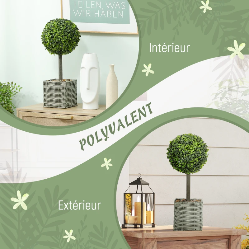 HOMCOM Lot de 2 plantes artificielles décoratives, boules de buis artificiel 50 cm avec pot en plastique tressé et galets, vert