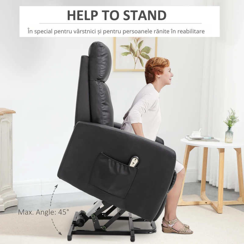 HOMCOM Fotoliu Ridicare Electric 145° – Rabatabil pentru Varstnici, Negru