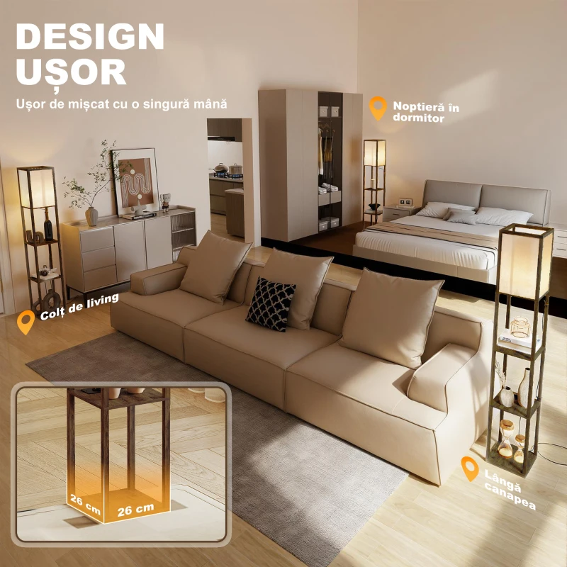 Lampă de Podea HOMCOM LED cu Rafturi, Lampă Modernă cu Comutator cu Pedală și Porturi USB, Temperatură Reglabilă a Luminii pentru Living, Dormitor, Maro