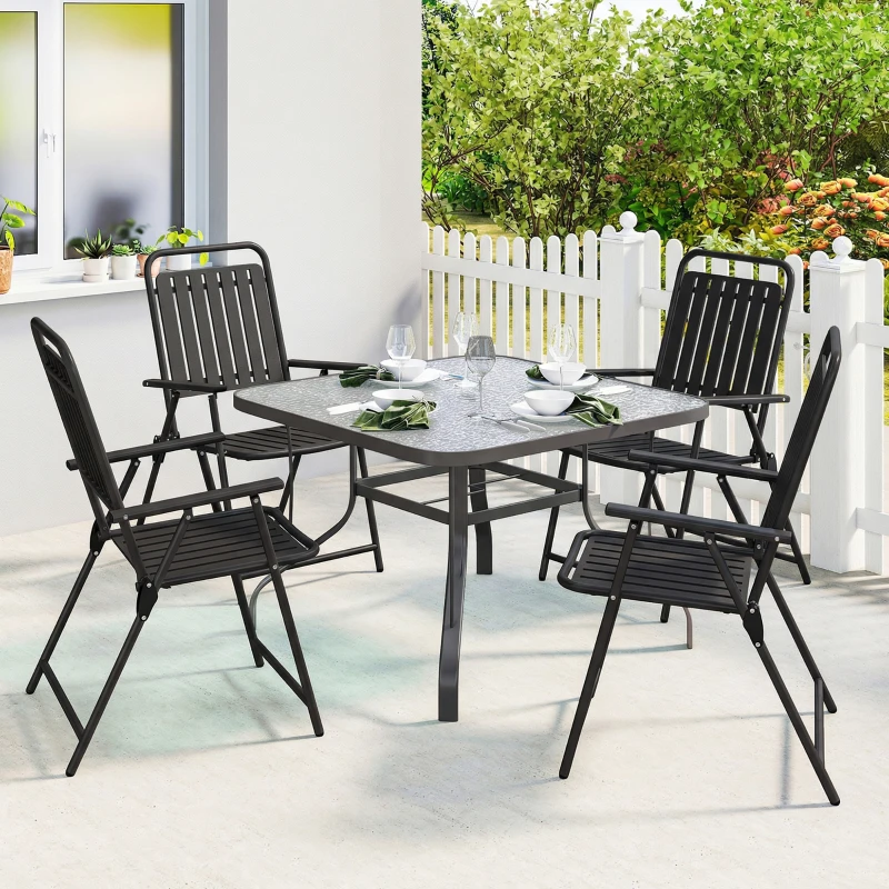 Outsunny Set de 4 scaune de grădină pliabile pentru exterior cu cotiere, spătar și șezut cadru metalic 55x63x93 cm negru