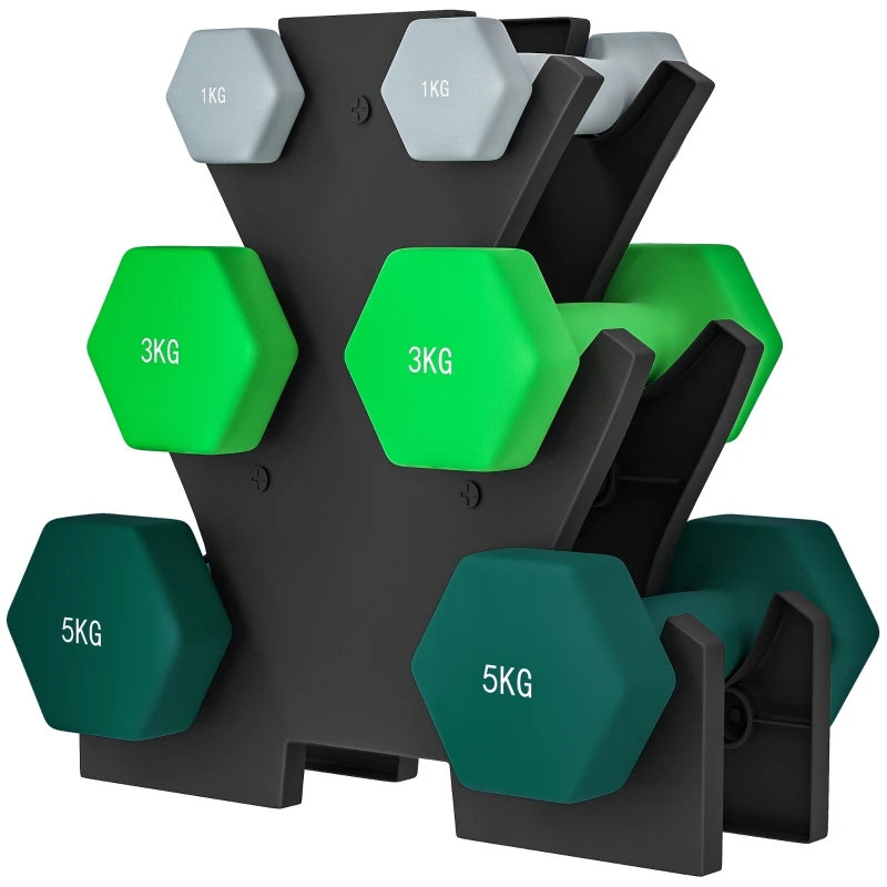 SPORTNOW Hantelset mit Aufbewahrungsgestell, Set mit 6 Hanteln für Fitness-Training, 2 x 1kg, 2 x 3kg, 2 x 5kg(m-9)