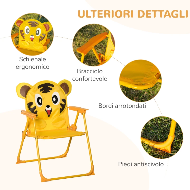 Outsunny Set da Giardino Tavolino con Sedie per Bambini Motivo Tigre, Giallo