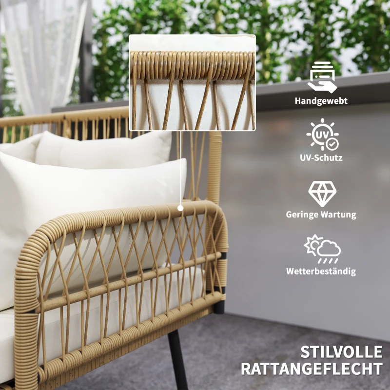 Outsunny Gartensofa mit Kissen 2-Sitzer Sofa Outdoor Balkon Sofa Rattansofa Polyrattan 115 x 61 x 82 cm Naturholz