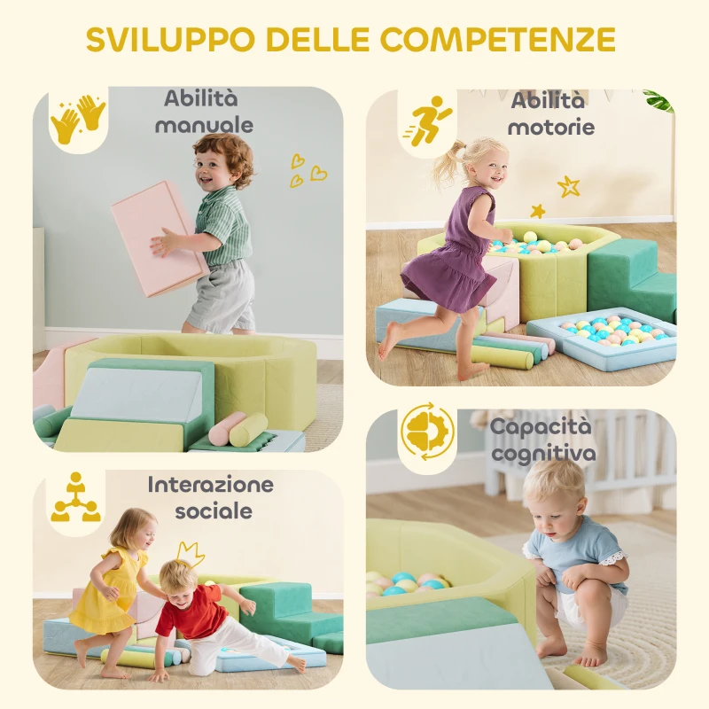 AIYAPLAY Set 15 Blocchi di Costruzioni Morbide Modulabili per Bambini con 200 Palline per Uso Interno, Multicolore