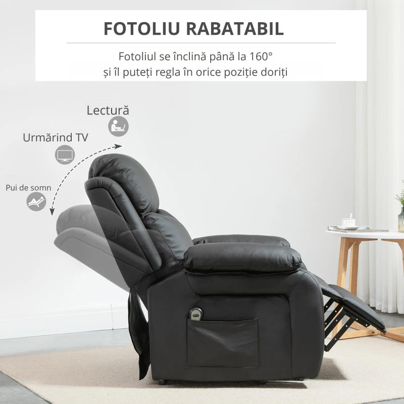 HOMCOM Fotoliu Rabatabil 160° cu Ridicare – Negru