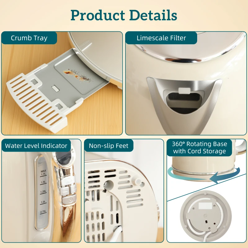 HOMCOM Polished Retro 40-100°C Kettle and Toaster Set - Cream