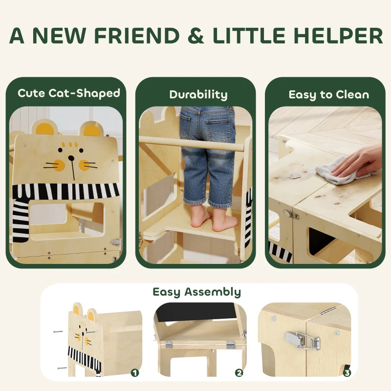 AIYAPLAY Toddler Step Stool, Standing Tower with Chalkboard, 3-in-1 Cat-Shaped Step Stool for Kitchen Counter, Natural