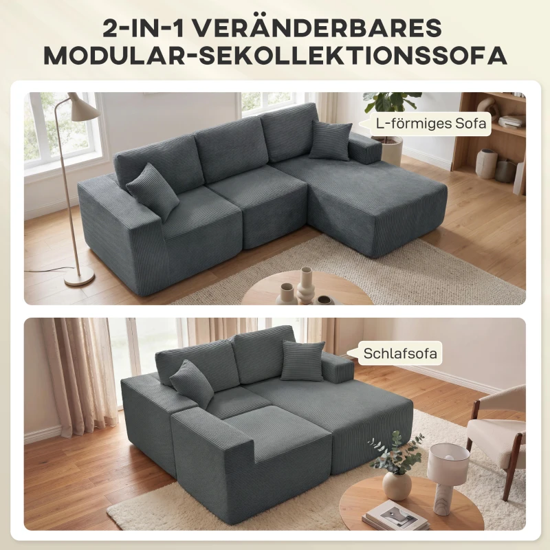 HOMCOM Modulaire Hoekbank, L-vormige Bank-Bed met Diepe Zitting, Brede Armleuningen, 2 Kussens, Donkergrijs
