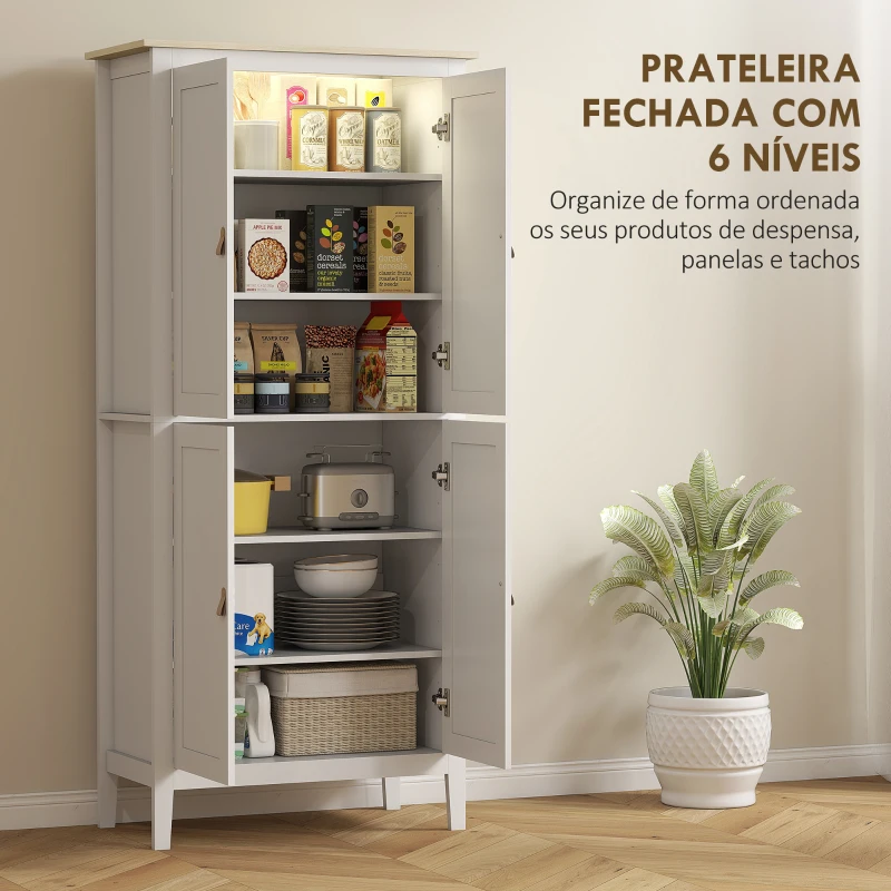 HOMCOM Armário de Cozinha com Luz LED Sensor de Movimento Móvel Auxiliar de Cozinha com Iluminação Regulável em 3 Cores 4 Portas e Prateleiras Ajustáveis 80x40x176,5 cm Branco