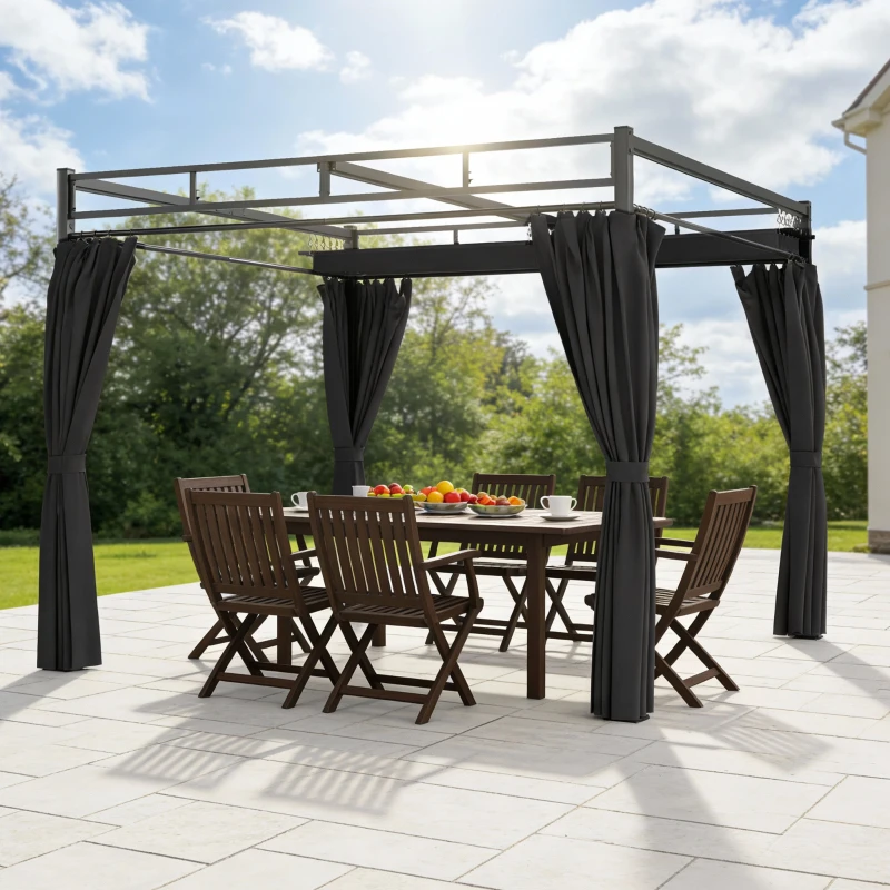 Outsunny Pérgola de Jardim 295x295x221 cm com Teto Retrátil e Cortinas UPF30+ Estrutura Metálica Pérgola para Exterior Cinzento Escuro