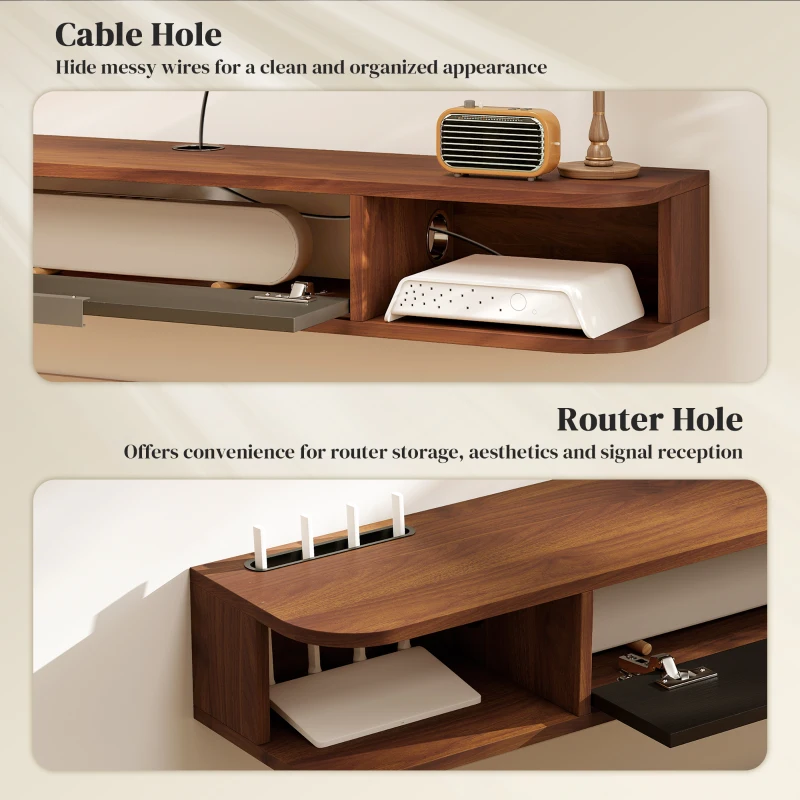 HOMCOM Mobilier TV Suspendat, Suport TV Până la 50" cu Sertar Rabatabil, 2 Rafturi Deschise și Orificiu pentru Cabluri, Mobilier pentru Televizor pentru Sufragerie, Dormitor și Sală de Stat, 120x24x16 cm, Nuc