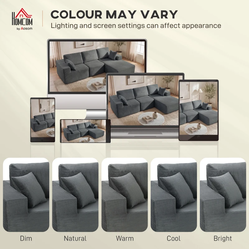 HOMCOM Modular corner sofa, L-shaped sofa bed with deep seat, wide armrests, 2 cushions, Dark gray