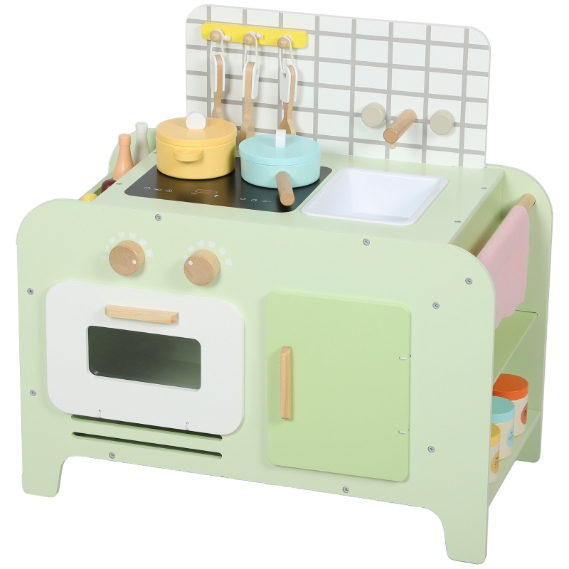 Cucina Giocattolo In Legno AIYAPLAY Con 15 Accessori – Microonde, Armadietti E Lavandino, Per Bambini 3+ Anni – Verde E Bianco