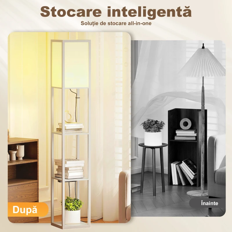 HOMCOM Lampă de Podea LED cu Rafturi, Lampă Modernă cu Comutator cu Pedală și Porturi USB, Temperatură de Culoare Reglabilă pentru Living și Dormitor, Alb
