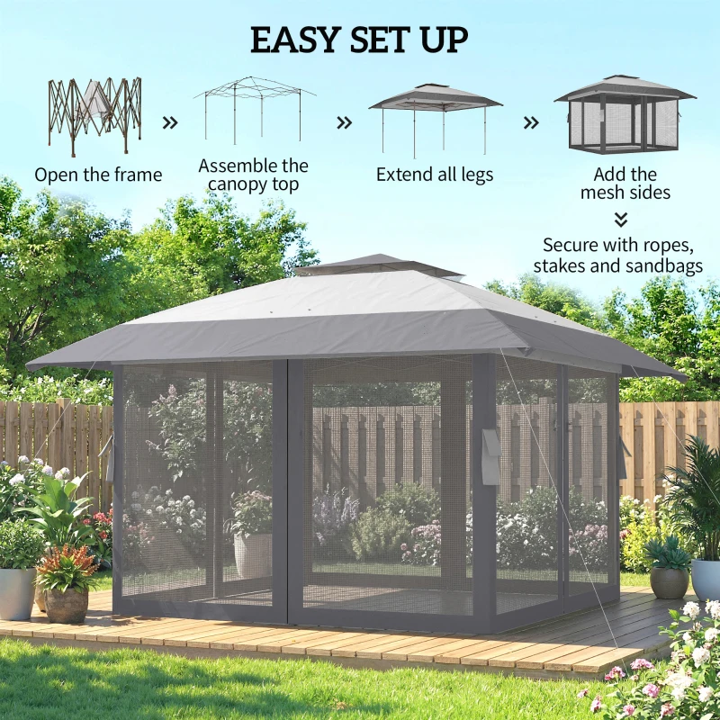 Outsunny Paviljoen 4x4m Waterdicht Verstelbaar Pop-up Inklapbaar Paviljoen met Dubbel Dak en 4 Netpanelen, UV 30+ Lichtgrijs