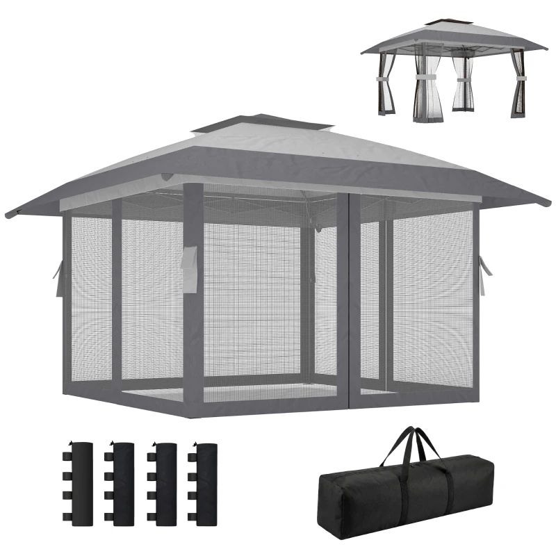 Outsunny Paviljoen 4x4m Waterdicht Verstelbaar Pop-up Inklapbaar Paviljoen met Dubbel Dak en 4 Netpanelen, UV 30+ Lichtgrijs