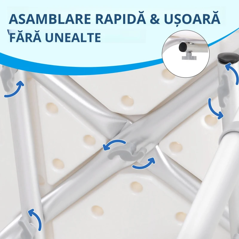 HOMCOM Scaun de Duș Antiderapant cu Spătar și Înălțime Reglabilă pe 8 Poziții, 50,6x43x71-88 cm, Alb