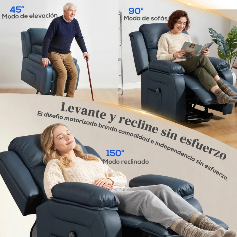 HOMCOM Sillón Relax Levanta Personas Sillón Elevador con Control Remoto Reclinación Eléctrica 160° Reposapiés 76x90x105cm Azul
