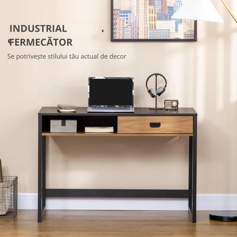 HOMCOM Birou Calculator – Nuc & Negru cu Sertar si Raft, Non-structură metalică, MDF, Picioare negre, Față sertar din lemn