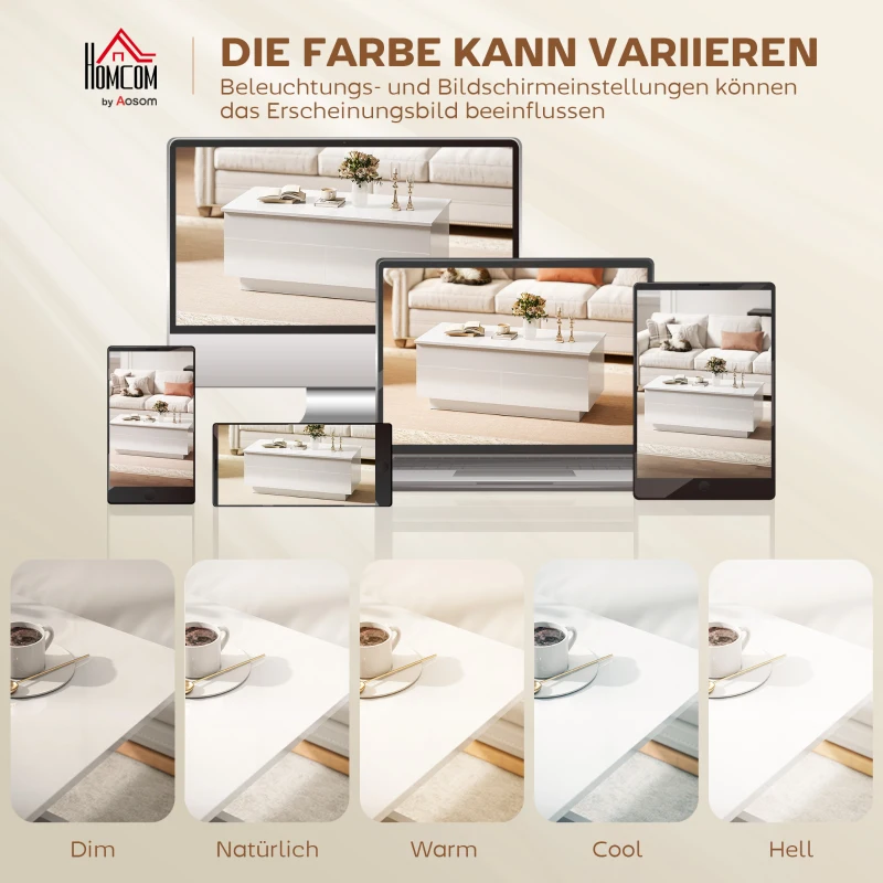 HOMCOM Couchtisch Höhenverstellbar, Moderner Wohnzimmertisch mit verstecktem Stauraum und 2 Schubladen, Hochglanz Weiß