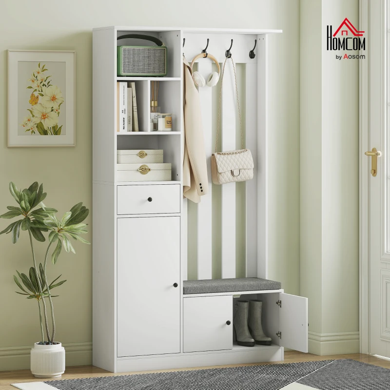 HOMCOM 180 cm garderobekast met kapstok, schoenenbank, 4 haken, open opbergplanken, MDF, wit(m-10)